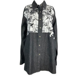 The Quacker‎ Factory Shirt Womens Sz M Black White Denim Dogs Button Up Top